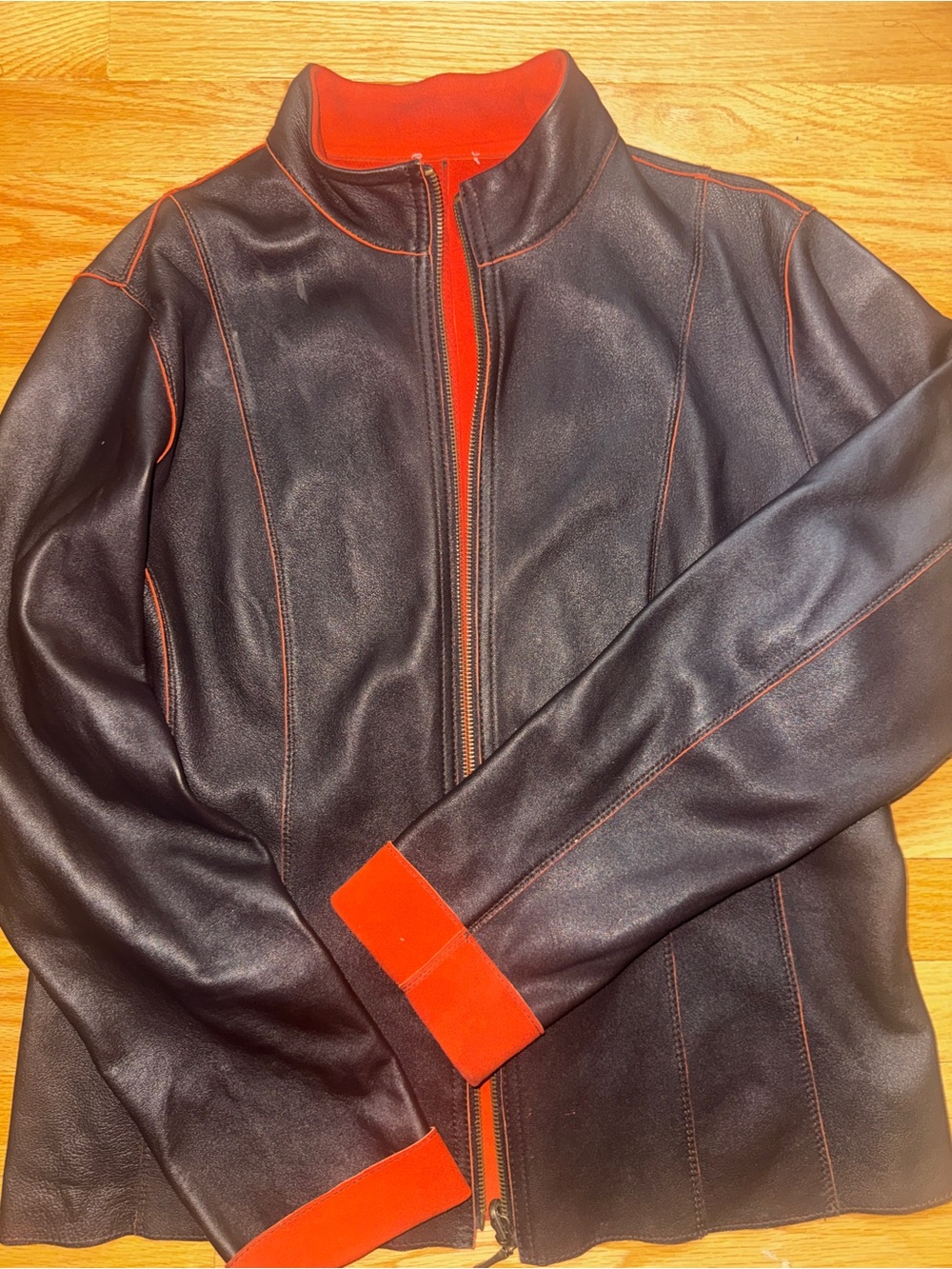 Women’s Brown Leather Jacket with orange Trim - Classic Zip Front